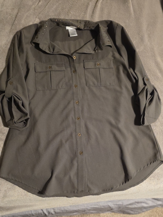 Halo Tops - Halo Dark Olive Roll-Tab Button Front Blouse with Studded Collar